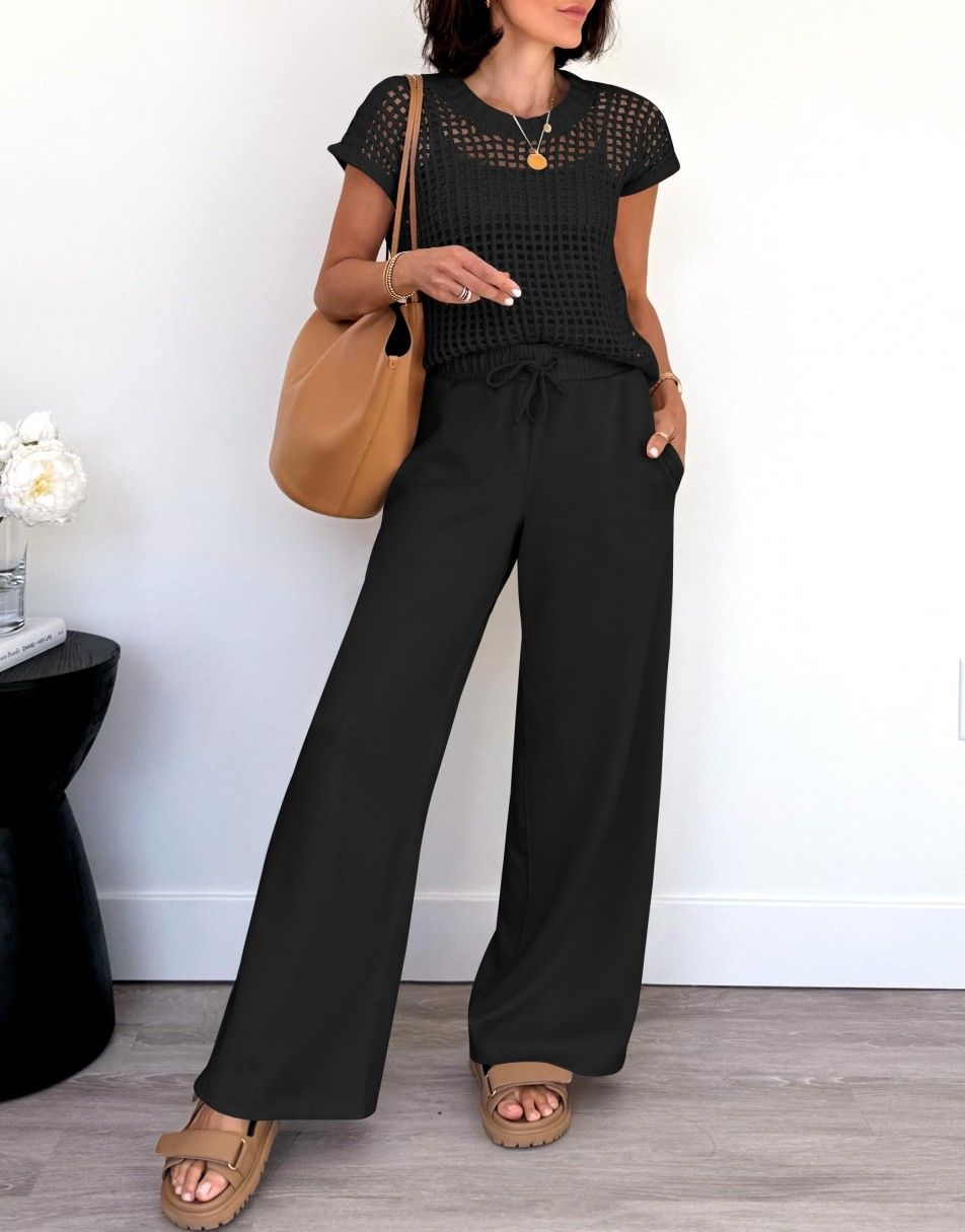Conjunto Mavarina Crochê: Blusa Vazada e Calça Wide Leg Sofisticada