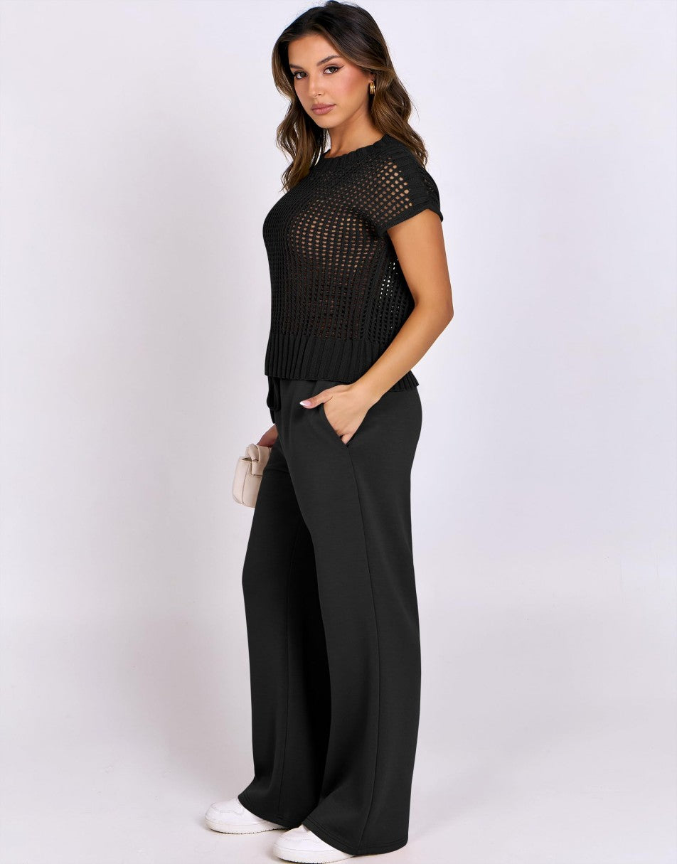 Conjunto Mavarina Crochê: Blusa Vazada e Calça Wide Leg Sofisticada