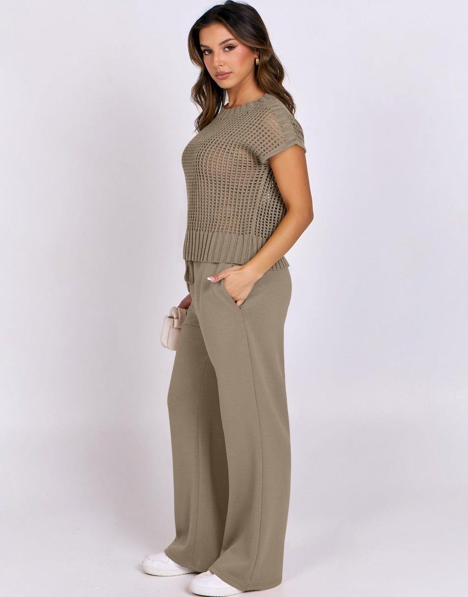 Conjunto Mavarina Crochê: Blusa Vazada e Calça Wide Leg Sofisticada