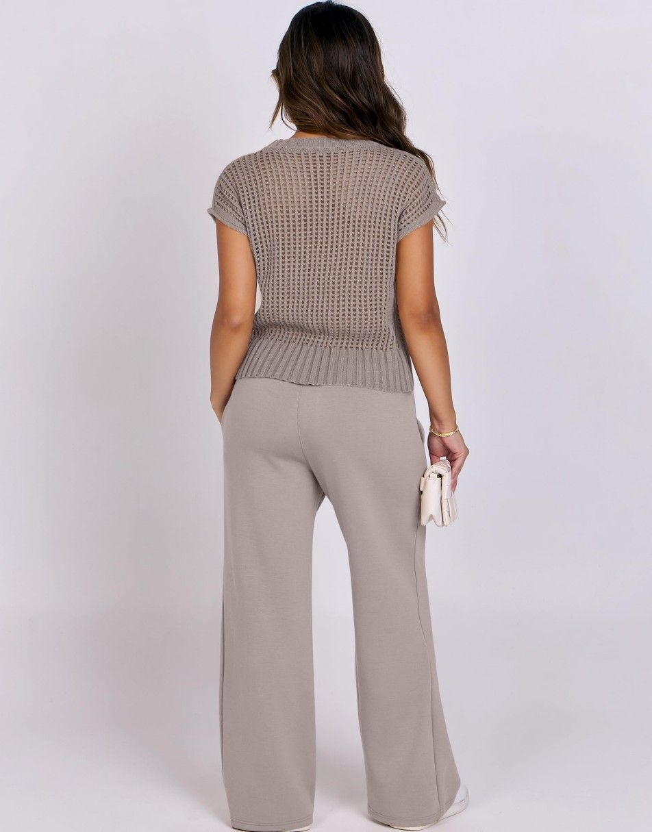 Conjunto Mavarina Crochê: Blusa Vazada e Calça Wide Leg Sofisticada