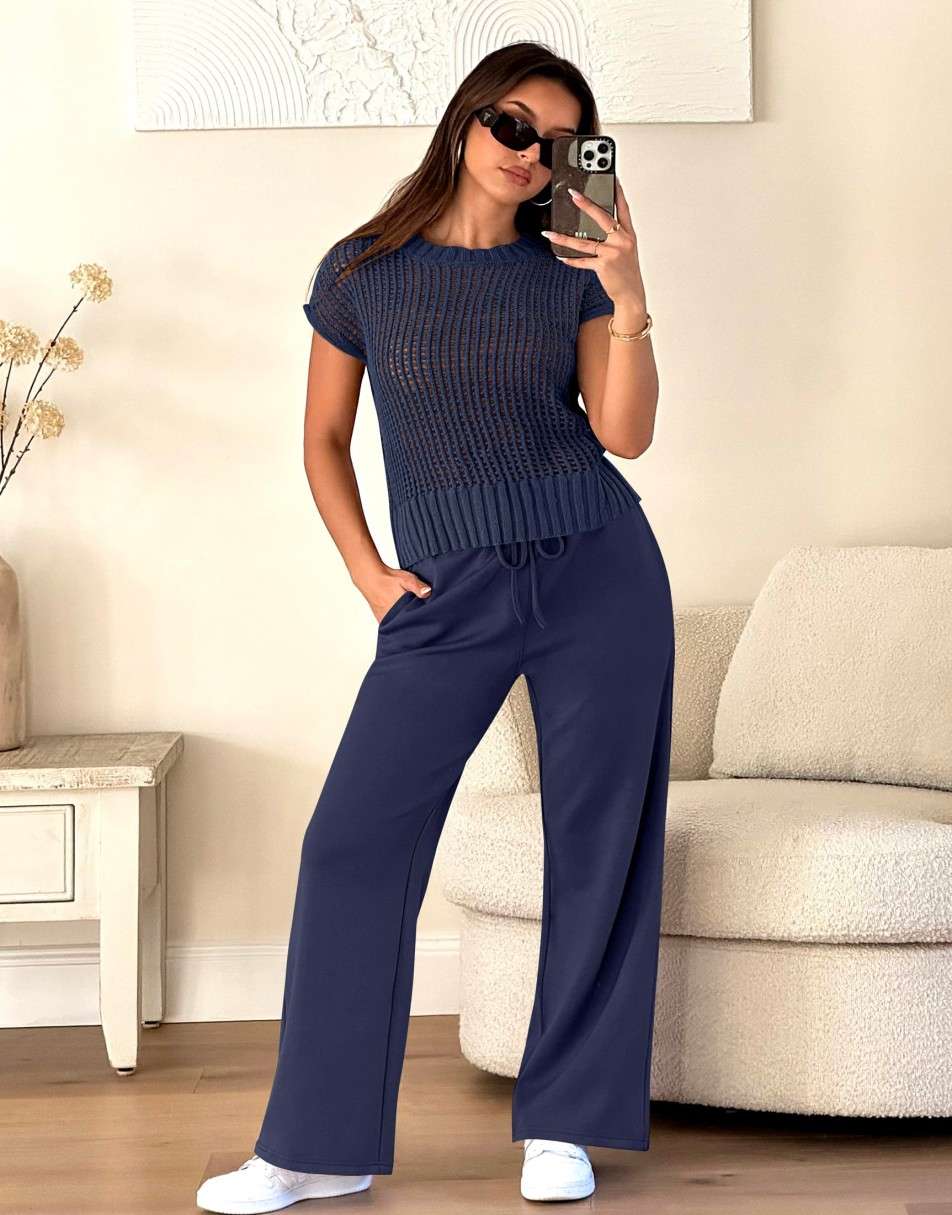 Conjunto Mavarina Crochê: Blusa Vazada e Calça Wide Leg Sofisticada