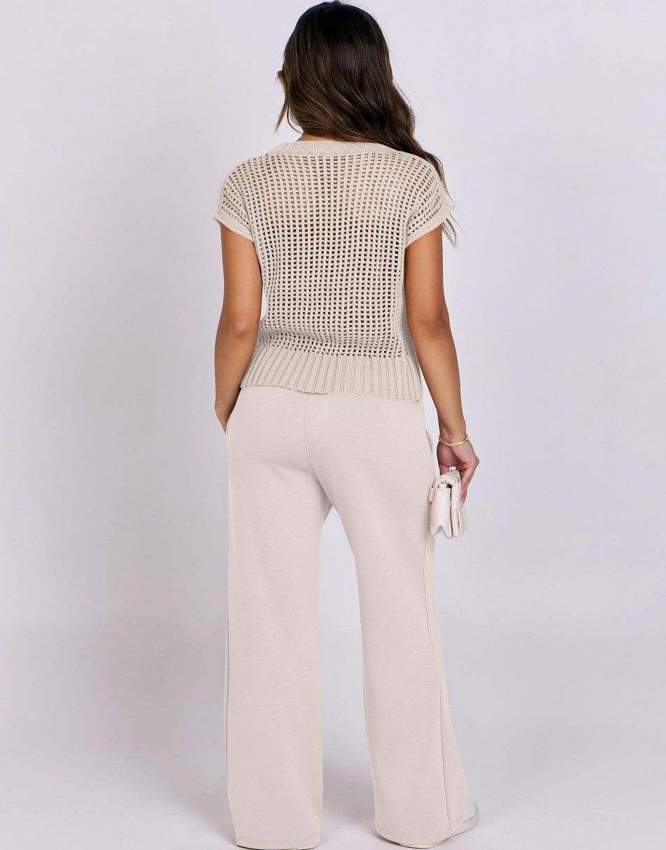 Conjunto Mavarina Crochê: Blusa Vazada e Calça Wide Leg Sofisticada