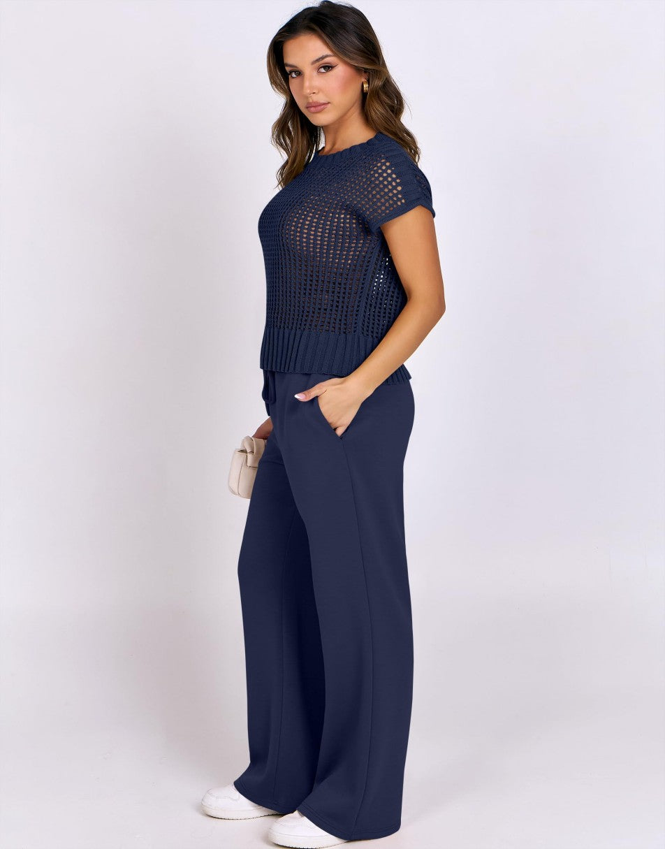 Conjunto Mavarina Crochê: Blusa Vazada e Calça Wide Leg Sofisticada
