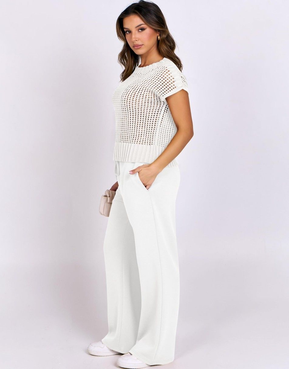 Conjunto Mavarina Crochê: Blusa Vazada e Calça Wide Leg Sofisticada