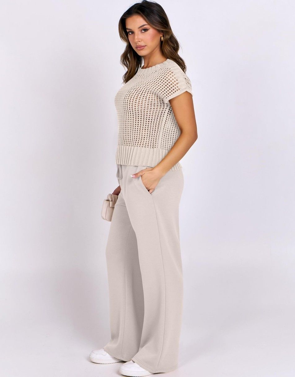 Conjunto Mavarina Crochê: Blusa Vazada e Calça Wide Leg Sofisticada