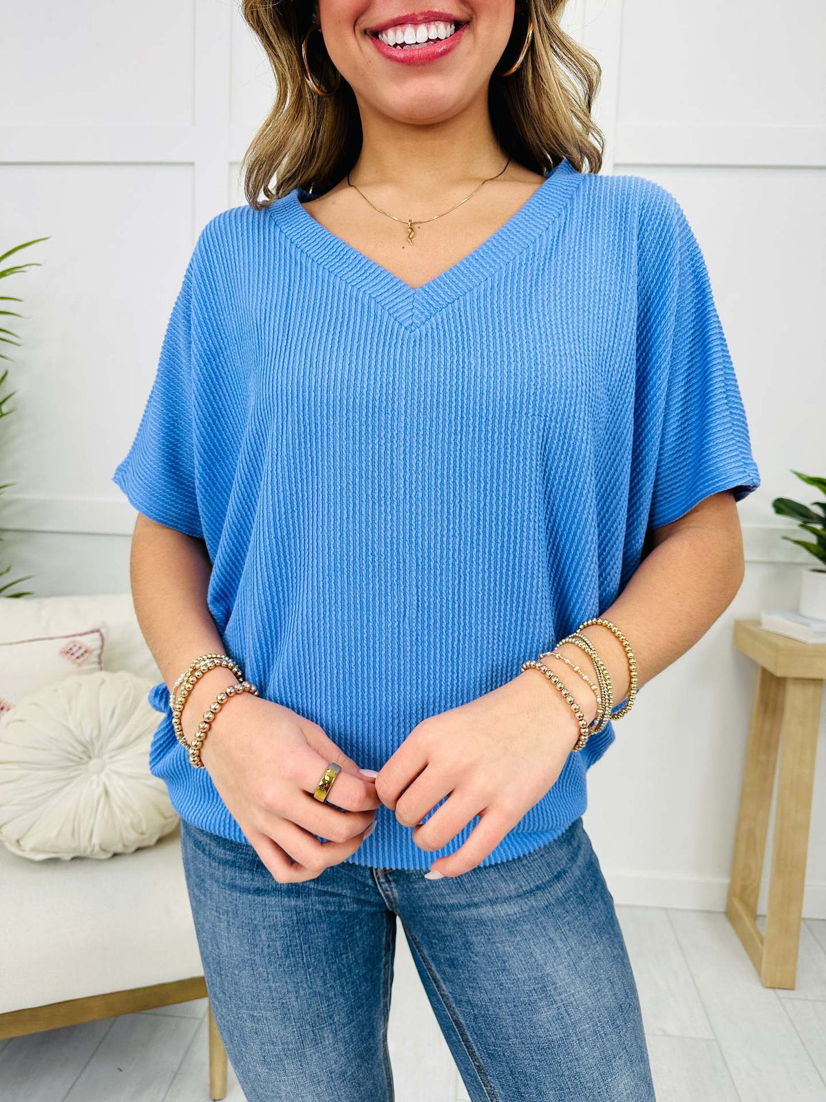 💥ÚLTIMO DIA DE PROMOÇÃO💥 Blusa Feminina de Verão com Decote em V e Tecido Canelado em Relevo (COMPRE 1 E LEVE 2)